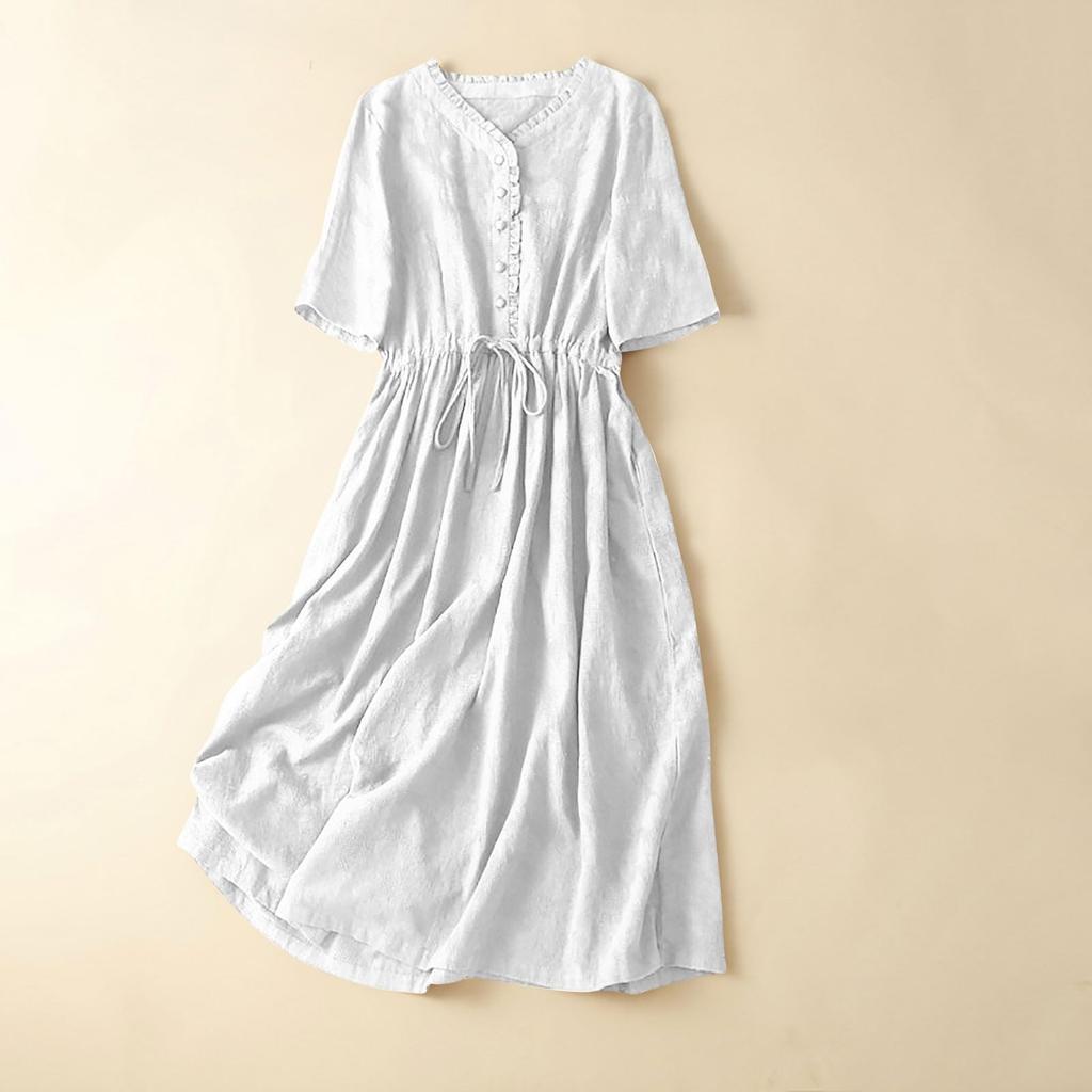 Women's Summer Forest Retro Literary Cotton And Linen Solid Color Dress
