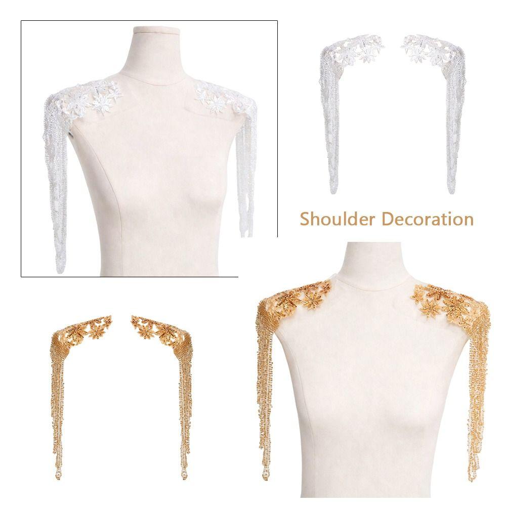 White Gold Color Shoulder Decoration Beaded Sequins Tassel Chain Wedding Dress Decoration Lace Handmade Gold Embroidery