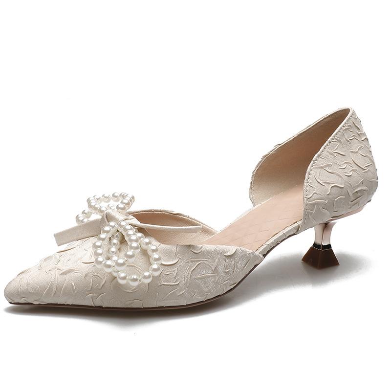 2025 new sandals women's medium heel summer pearl pointed head thin heel fairy style fashion bag head hollow high heel single shoes