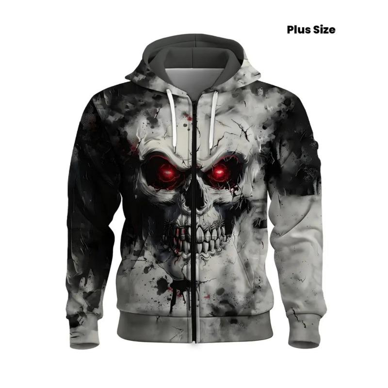 Men's Fashion Skull 3D Print Zipper Pocket Hoodie Clothing Spring Autumn Casual Sports Oversize Long Sleeve Sweatshirt Tops