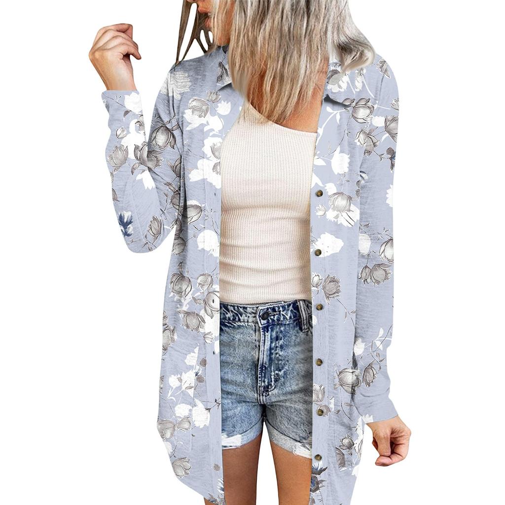 Women's Casual Fashion Printed Long-sleeved Mid-length Cardigan Jacket
