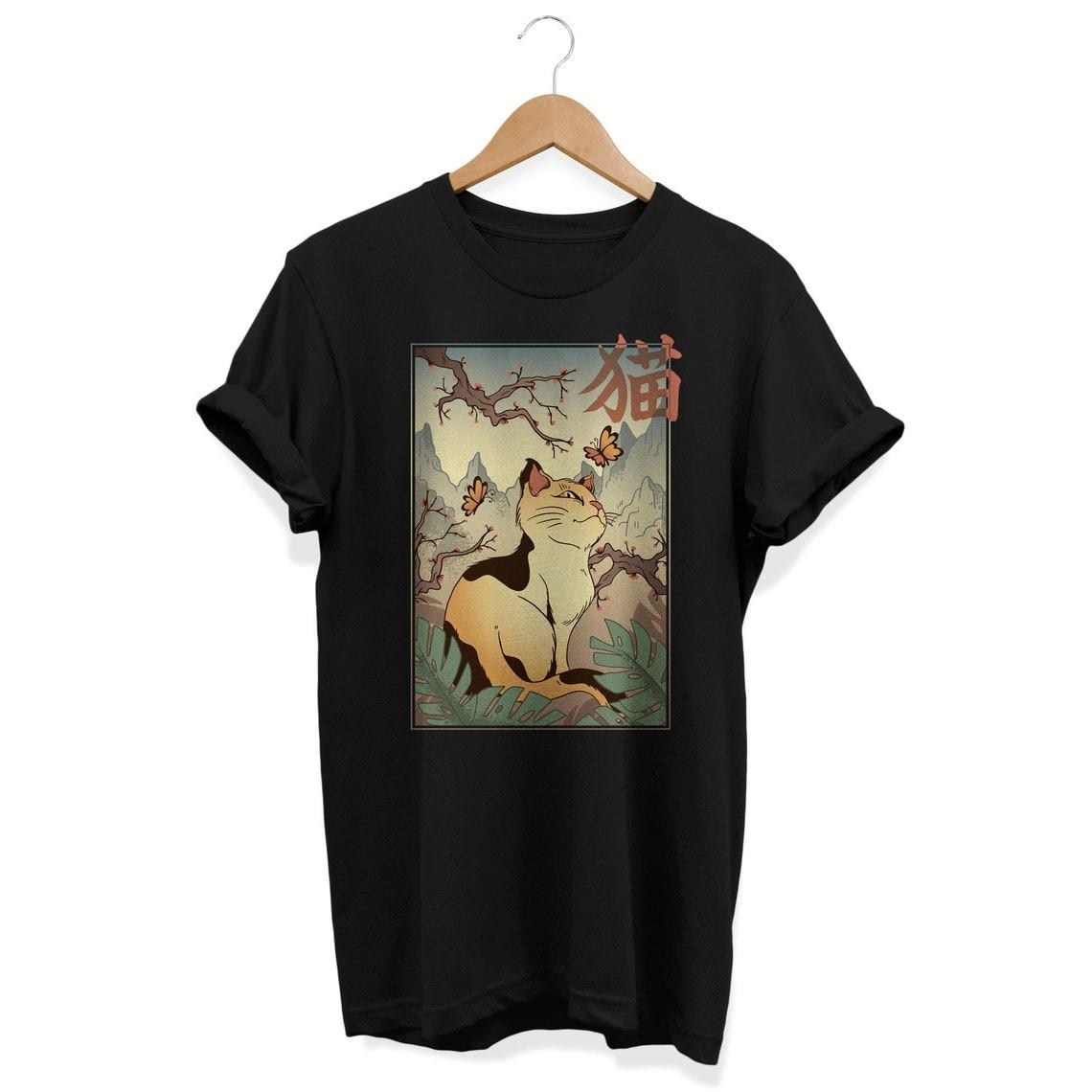 Винтажная футболка с кошкой Мужские Женские Футболки Топ, Ретро Японская рубашка, Кавайная футболка с кошкой Мужские Женские Футболки Топ, Японская эстетика, 2XL