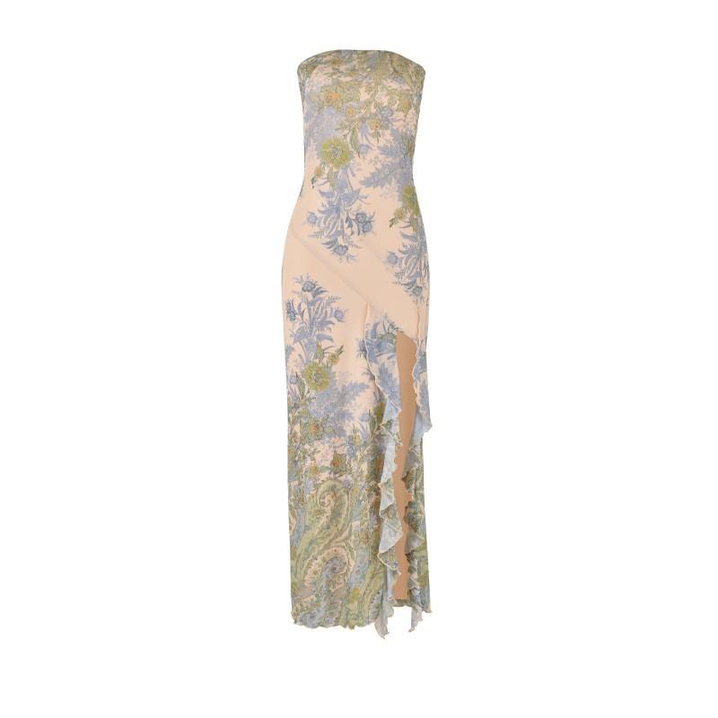 Summer new European and American temperament elegant wind mesh printing slim tube top dress women's long skirt