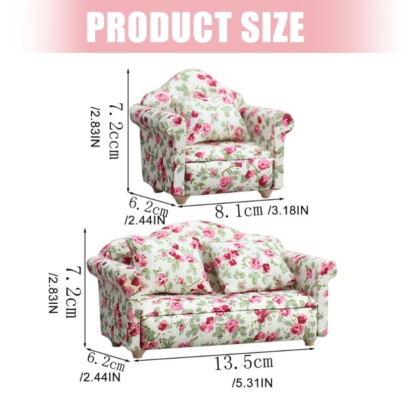 Living Room Sofa Set 1/12 Scale Wooden Base Cloth Covered Mini Furniture for Doll House Accessories and Collectibles