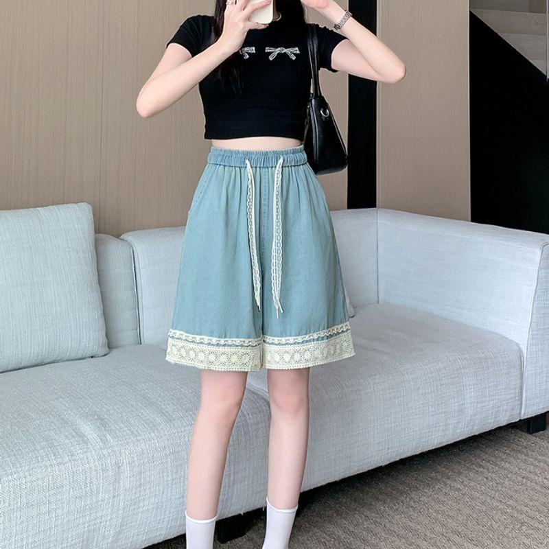 

K-стиль Одежда для женщин больших размеров Полная девушка Эластичная талия Кружево Шнуровка Кружевная вставка Лоскутная Свободные Широкие джинсы-капри Мода Image color M(Large size)