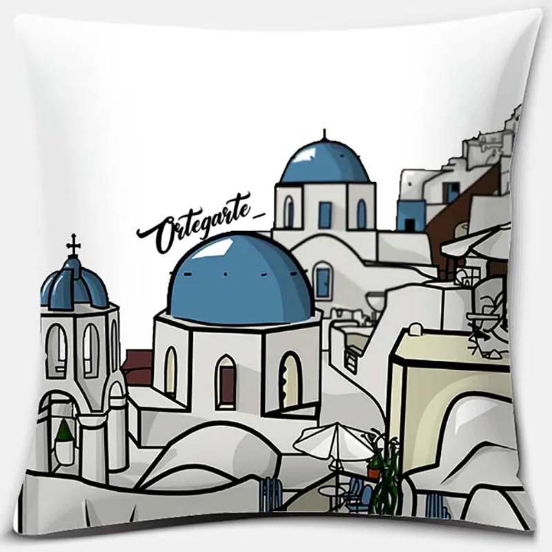 45x45cm Nordic Blue and White Castle Scenery Pillowcase Comfortable Sofa Seat Cushion Cover Hotel Home Decor Embrace Pillowcase