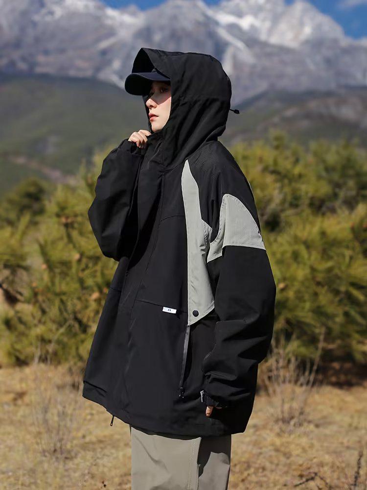 Women's Outdoor Hooded Windbreaker Jacket - Casual Loose Fit, Autumn/Winter Japanese Streetwear, Color Block Design