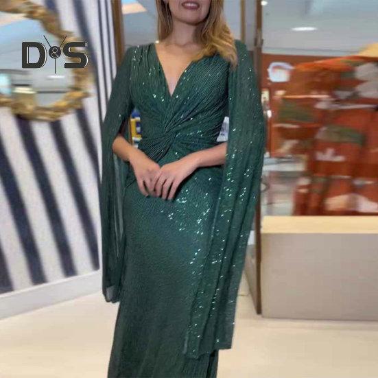 Kvinner aftenkjole Delte ermer Dyp V-hals Skinnende paljett Slim Fit Tight midjeknute Plissert Full lengde Ensfarget Lady Ball Bankett Maxikjole