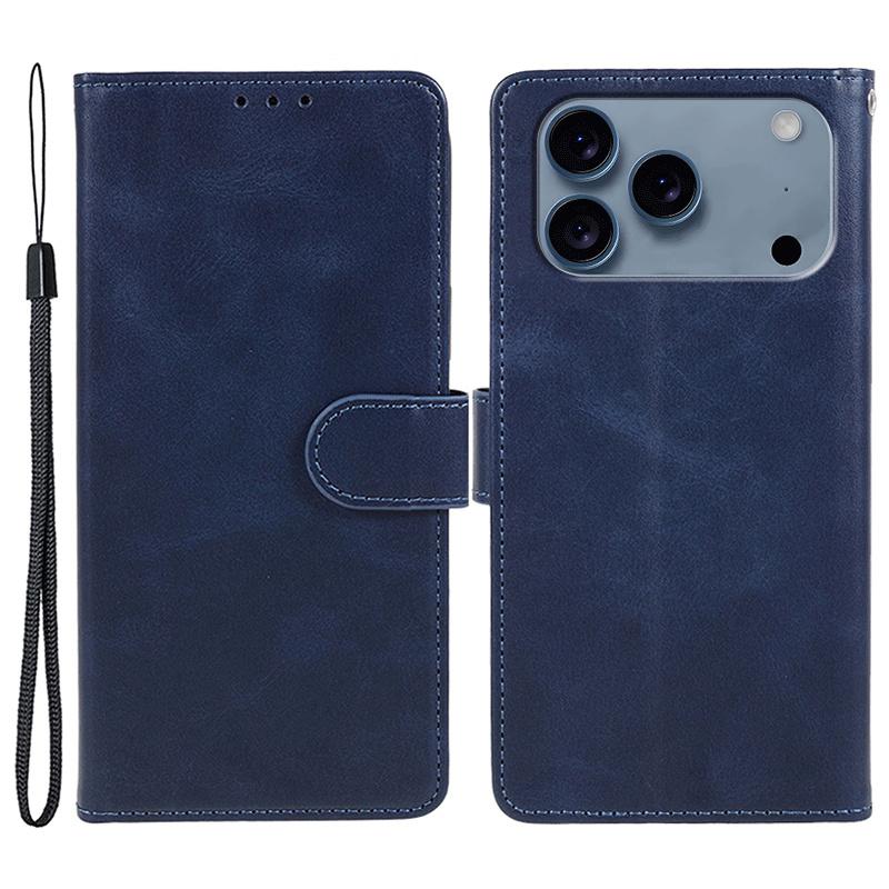 For iPhone 17 Pro Max Case Calf Texture PU Leather Wallet Phone Cover with Wrist Strap