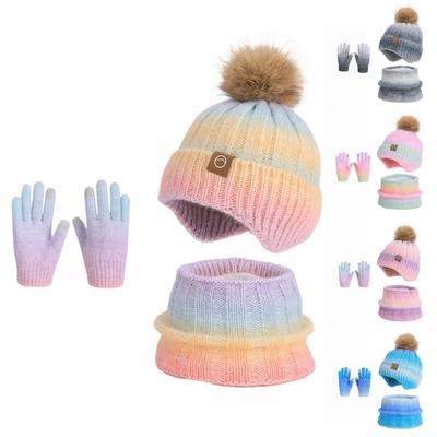 Three-piece Set Of Children's Hat, Gloves And Scarf - For Boys And Girls, Winter Fleece-lined Warm Earmuff Gradient Color Wool Knitted Hat