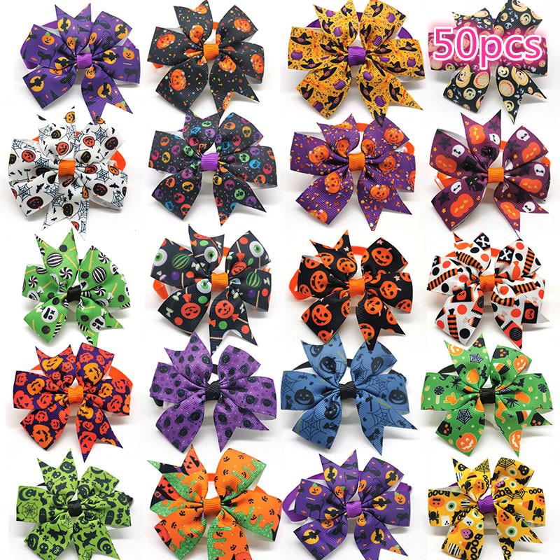 50/100pcs Handmade Halloween Dogs Bowties Bowknot for Small Medium Dog Cat Bow Ties Necktie Pet Holiday Party Products