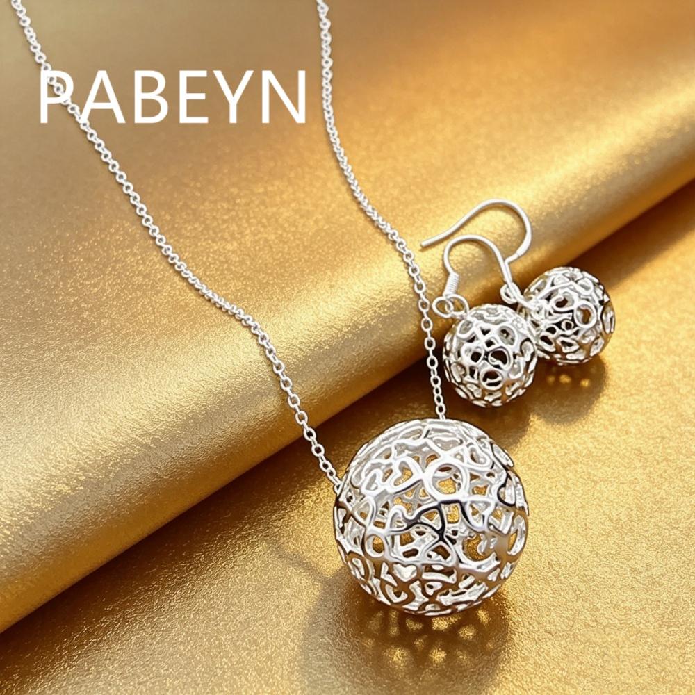 925 Sterling Silver Stylish Simple Hollow-out Exquisite Ball Earrings Necklace Set, Birthday Anniversary Wedding Party Gift