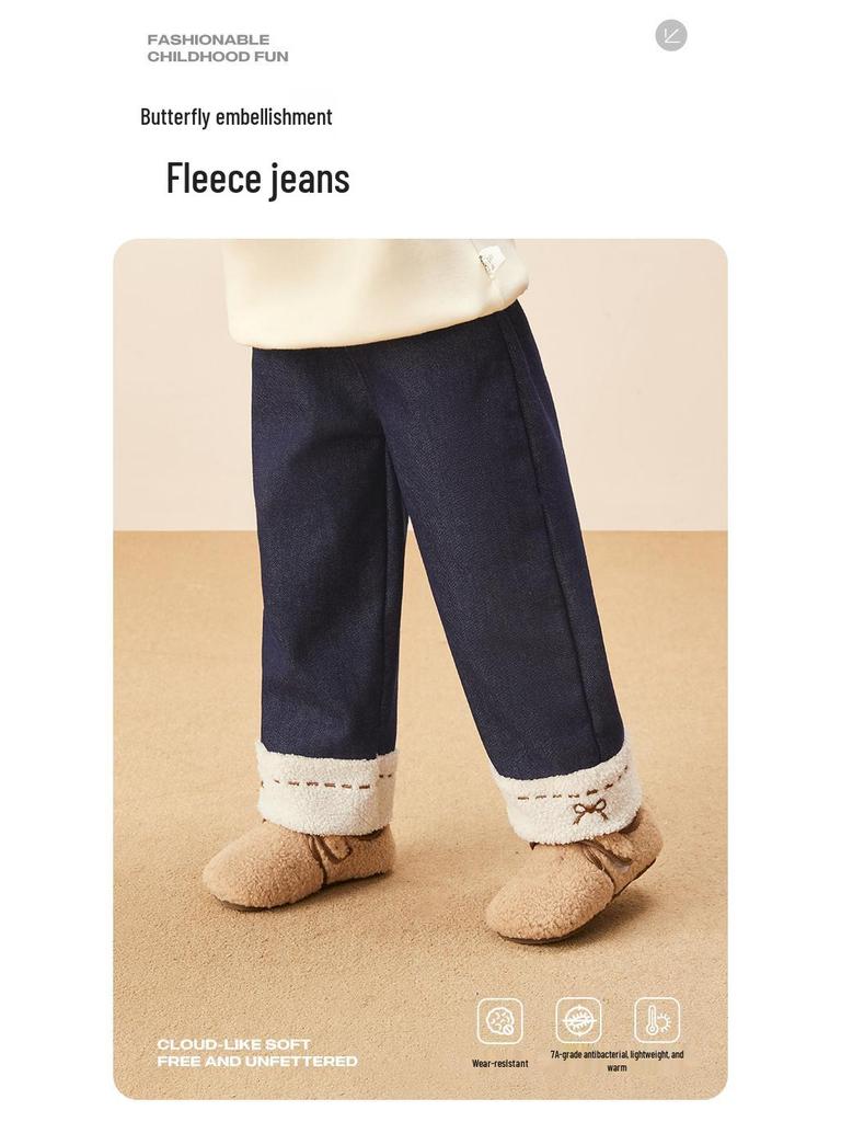 Antibacterial Temperature Lock Plus Velvet Warm Wide-Leg Girls' Jeans - Baby/Toddler Autumn & Winter Pants