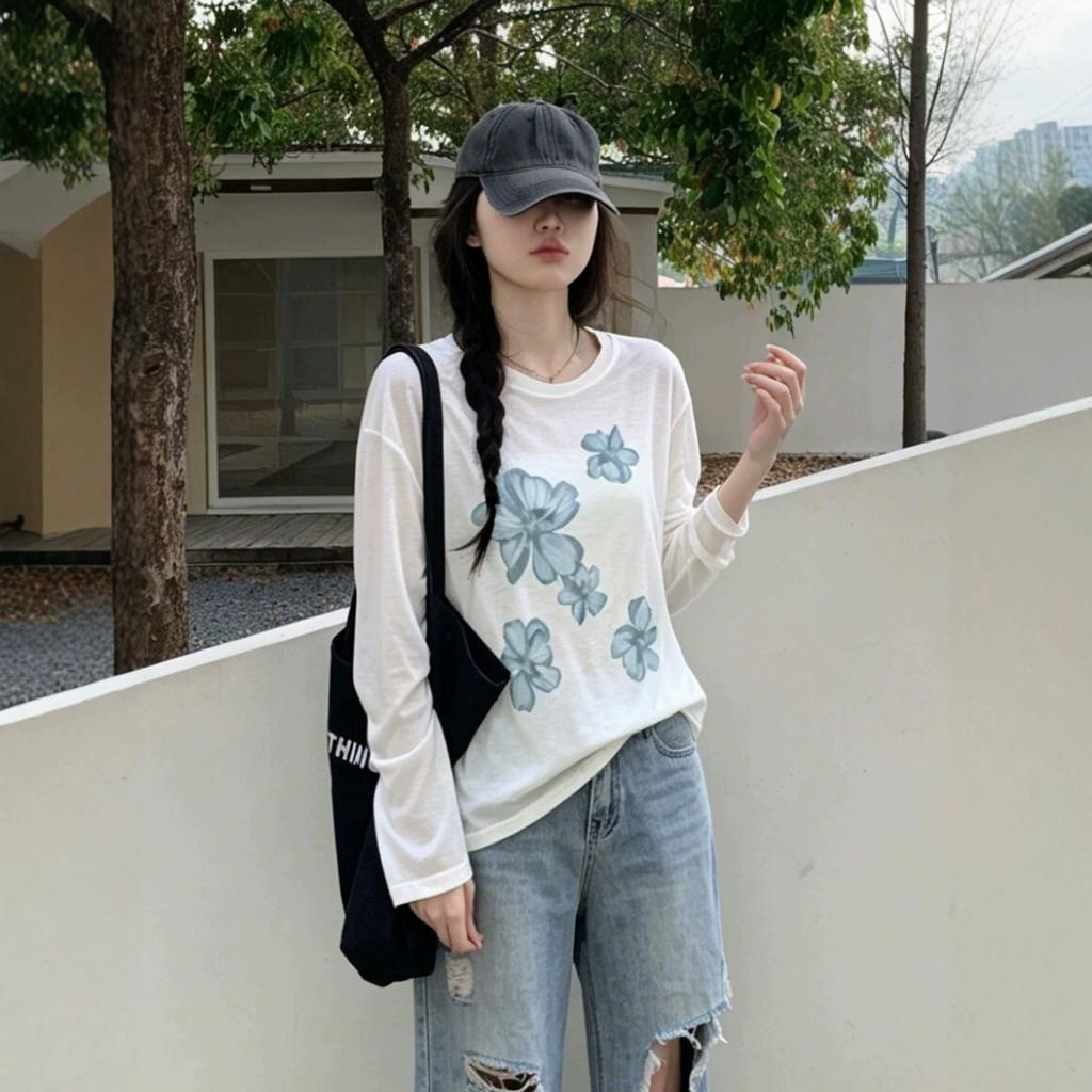 Lazy Korean Thin Loose Round Neck Sunscreen Long-sleeved T-shirt Women's Spring and Summer New Flower Print Blouse Top