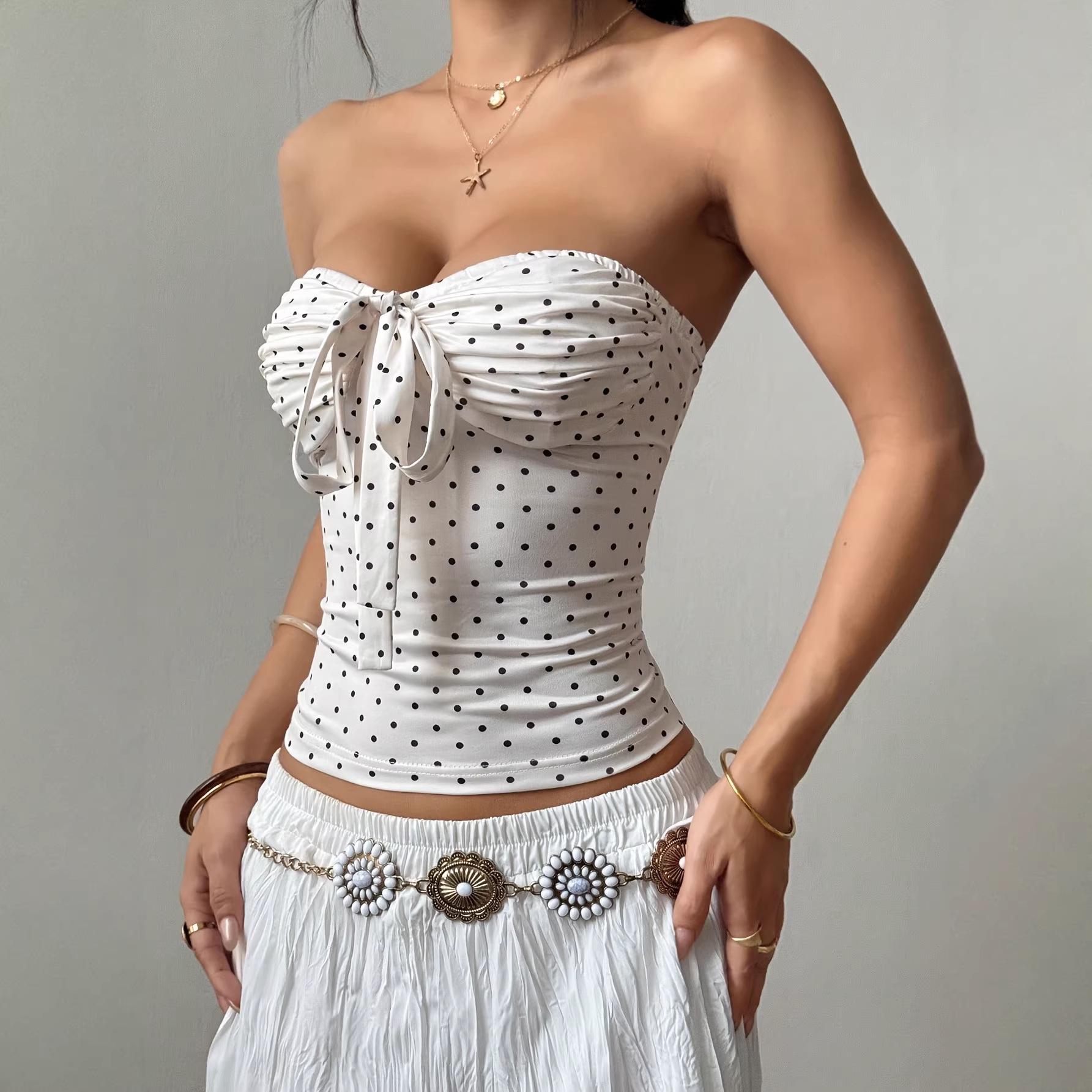 Женский летний топ-бандо в горошек с открытой спиной XS белый