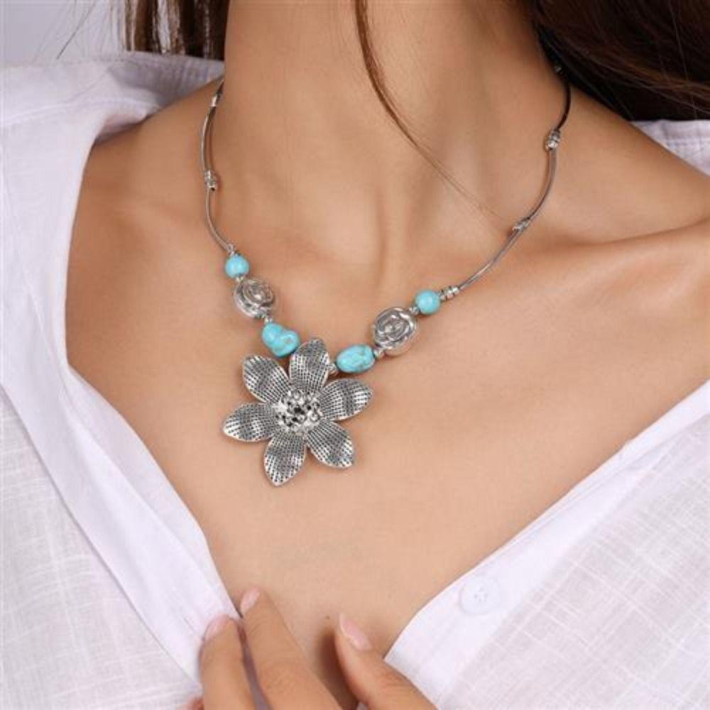 Flower Ethnic Style Necklaces Beads Bohemia Style Choker Retro Stone Pedant Necklace  Gifts