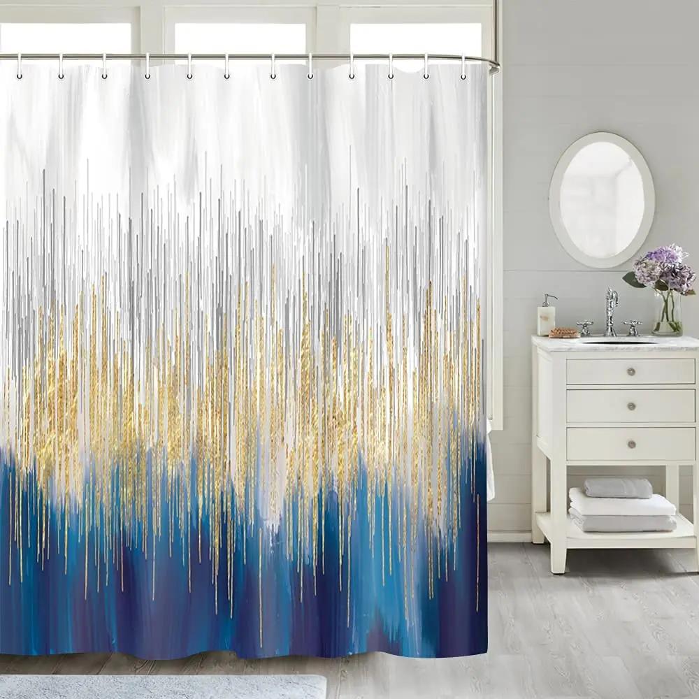

Grey and Blue Abstract Art Shower Curtain, Modern Ombre Design Bathroom Curtain Fabric Gold Navy Blue with Hooks Bath Curtain 90x180cm-35x70in