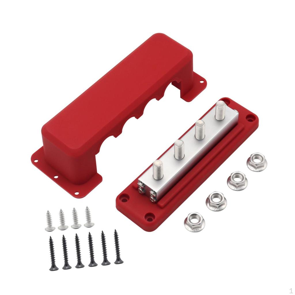 Bus Bar Power Distribution Block with Cover 3/8" 4 Stud for Automotive And Marine Use