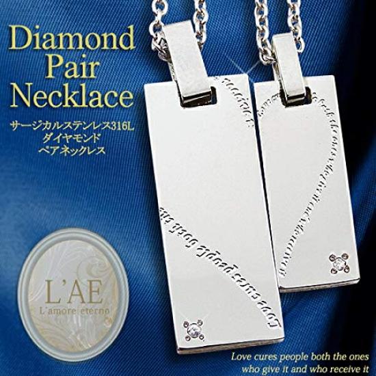 [La Amore Eterno] Partnerhalsketten, Edelstahl, Weiße Diamantbeschichtung, Herz-Botschafts-Anhänger, mit Figaro-Kette (45cm für Frauen, 50cm für Männer)