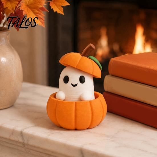 Small Ghost Ornament 3D Printed Pumpkin with Removable Figurine, Creative Halloween Desktop Miniature Figurine Decoration, Cute Statue for Home Office