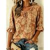 Women's Blue Porcelain Floral Print Tie Neck Blouse, Casual Loose Tops for Spring Summer Daily Wear & Vacation Occasions