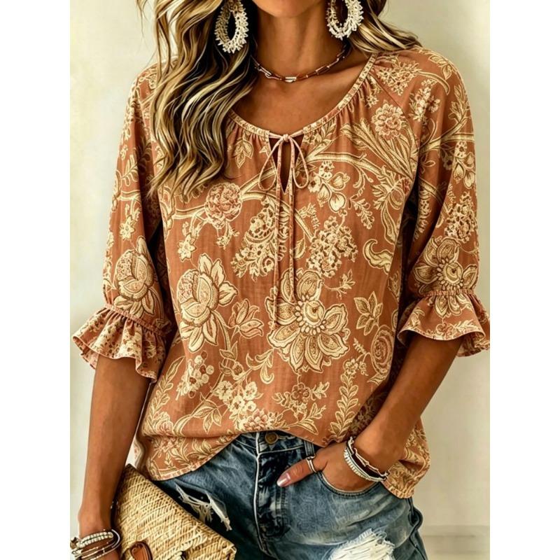 Women's Blue Porcelain Floral Print Tie Neck Blouse, Casual Loose Tops for Spring Summer Daily Wear & Vacation Occasions