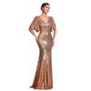 New V-neck mid-sleeved solid color summer sequins elegant slim-fitting fishtail skirt women's evening dress
