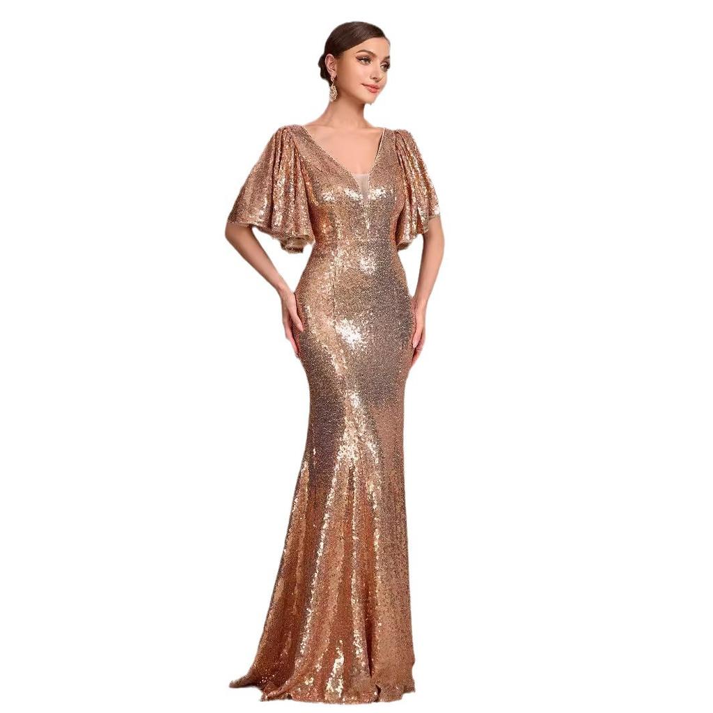 New V-neck mid-sleeved solid color summer sequins elegant slim-fitting fishtail skirt women's evening dress