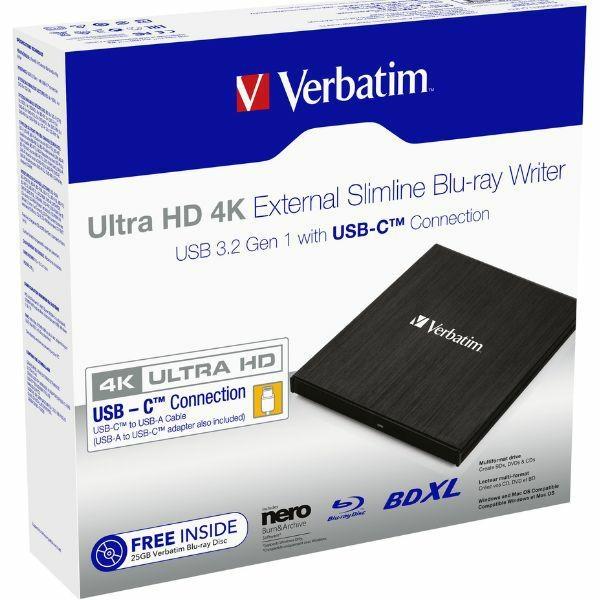 Verbatim External Slimline Blu-Ray Recorder Ultra HD 4K + USB-C/USB-A Cable Black 43888