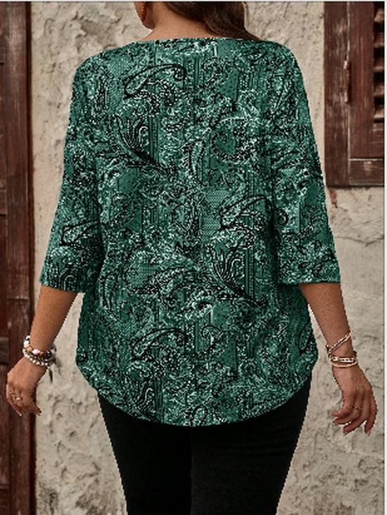 Übergröße Paisley-Print Langarm-Knopf-T-Shirt für Damen