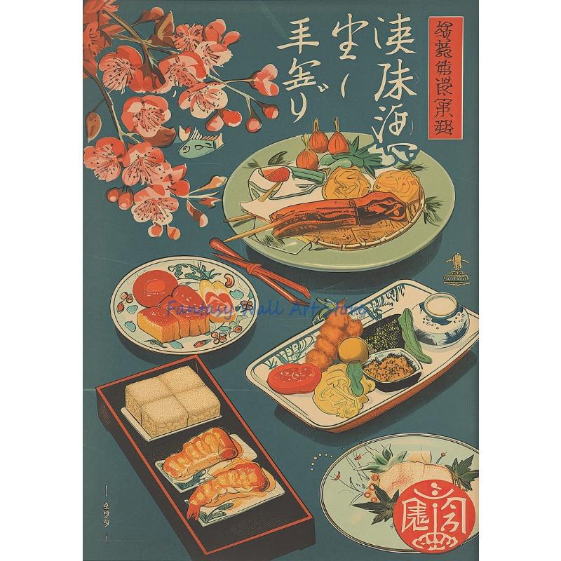 Styl Vintage Japońskie Kaiseki Sushi Jedzenie Ryba Japońska Restauracja Sztuka Plakat Malarstwo na Płótnie Obrazy Ścienne Dekoracja Domu Kuchni