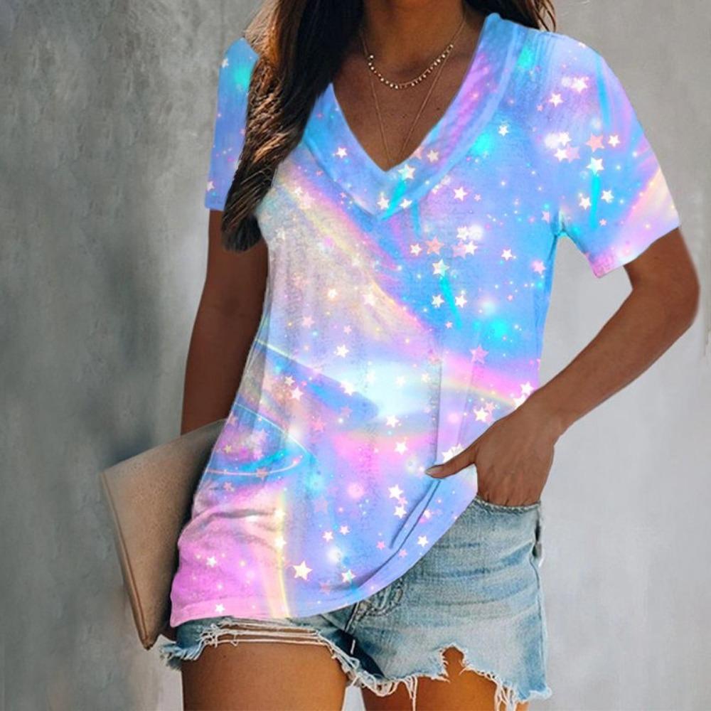 Summer Colorful Floral 3d Printing T-shirt Women's V-neck Short-sleeved T-shirt Top T-shirt