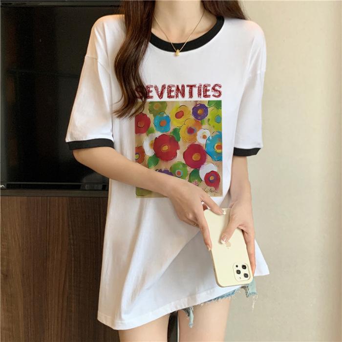 

Белая футболка с коротким рукавом женская 2025 новая летняя из чистого хлопка свободная контрастного цвета спереди на плече футболка нишевого дизайна топ M чёрный