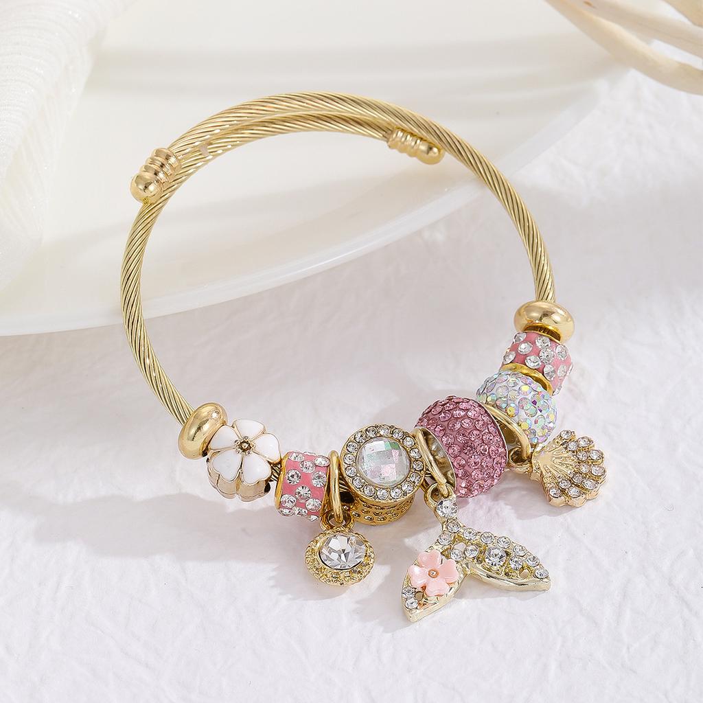 Gold Plated Bracelet for Women with Diamond Inlay, Fish Tail Dolphin Alloy Pendant, Adjustable Wristband