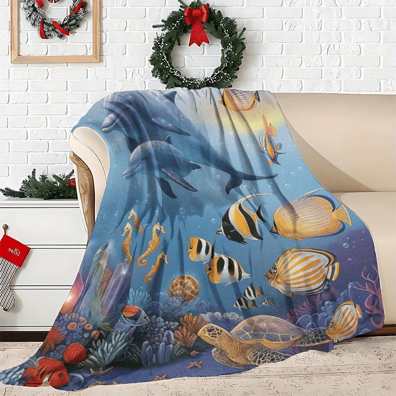 Underwater World Marine Animal Fleece Blanket, Dolphin Fish Coral Reef Pattern Cozy Cover Camping Office Living Room Daily Use