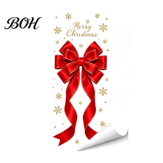 Reusable Christmas Decals Static Glass Sticker, Theme Bow Pattern Print, Removable Indoor Holiday Ornaments Electrostatic PVC Film for Home And Store