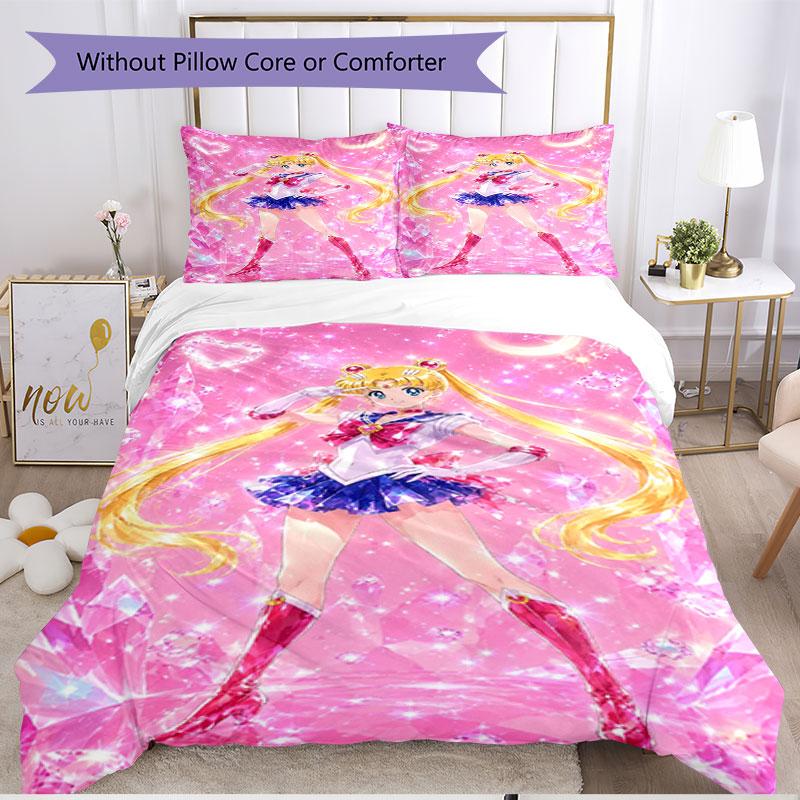 3-teiliges Bettbezug-Set (1 * Bettbezug + 2 * Kissenbezug, ohne Kern), Sailor Moon Druck Weiches Ganzjahres-Bettwäscheset, Heim-Schlafzimmer-Dekoration Geschenk