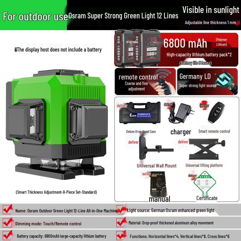 16-Line High-Precision Integrated Laser Level with Infrared & Green Light for Wall & Floor