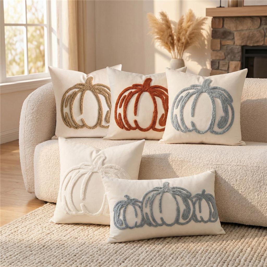 Throw Pillow Cover with Chenille Towel Embroidered Pumpkin Design Square Decorative Cushion Cover for Sofa Chair Bed Accent Home Decor