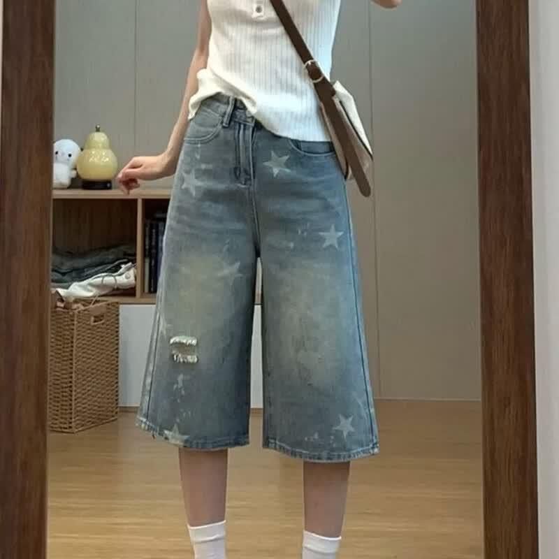 Zuose Women s Vintage Washed Distressed Cropped Wide-Leg Jeans XS
