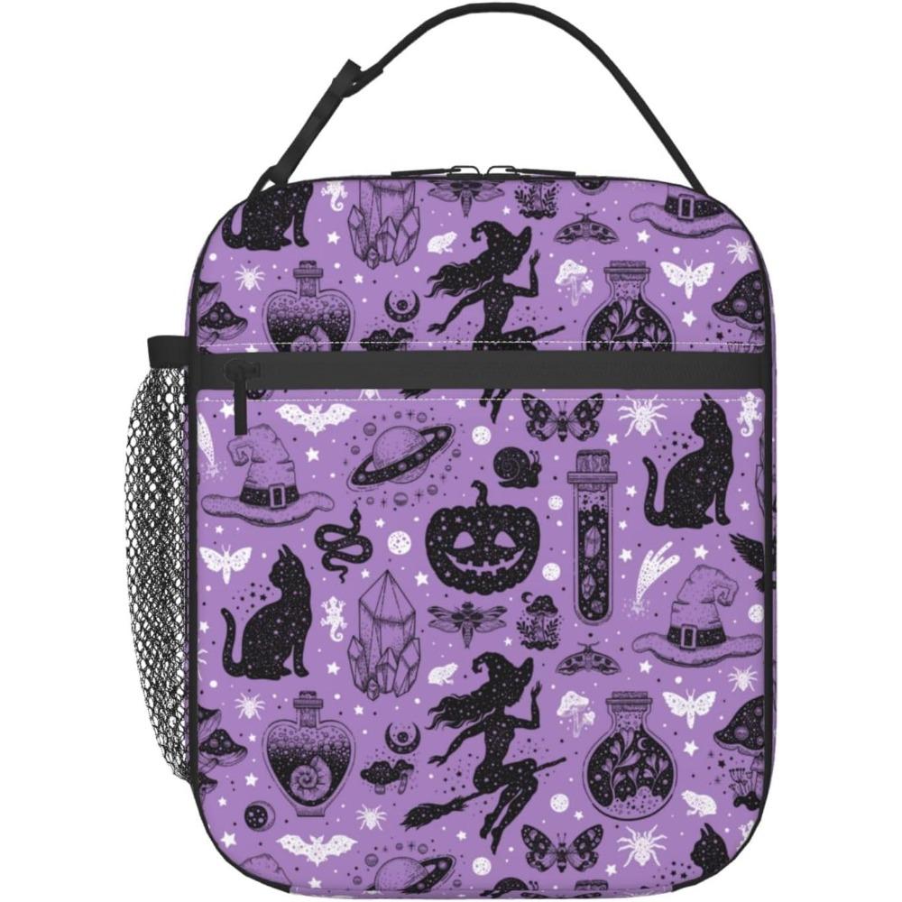 Spooky Purple Halloween - Themed Insulated Lunch Bag with Witch, Cat & Potion Prints, Ideal for Kids' School Lunches and Parties