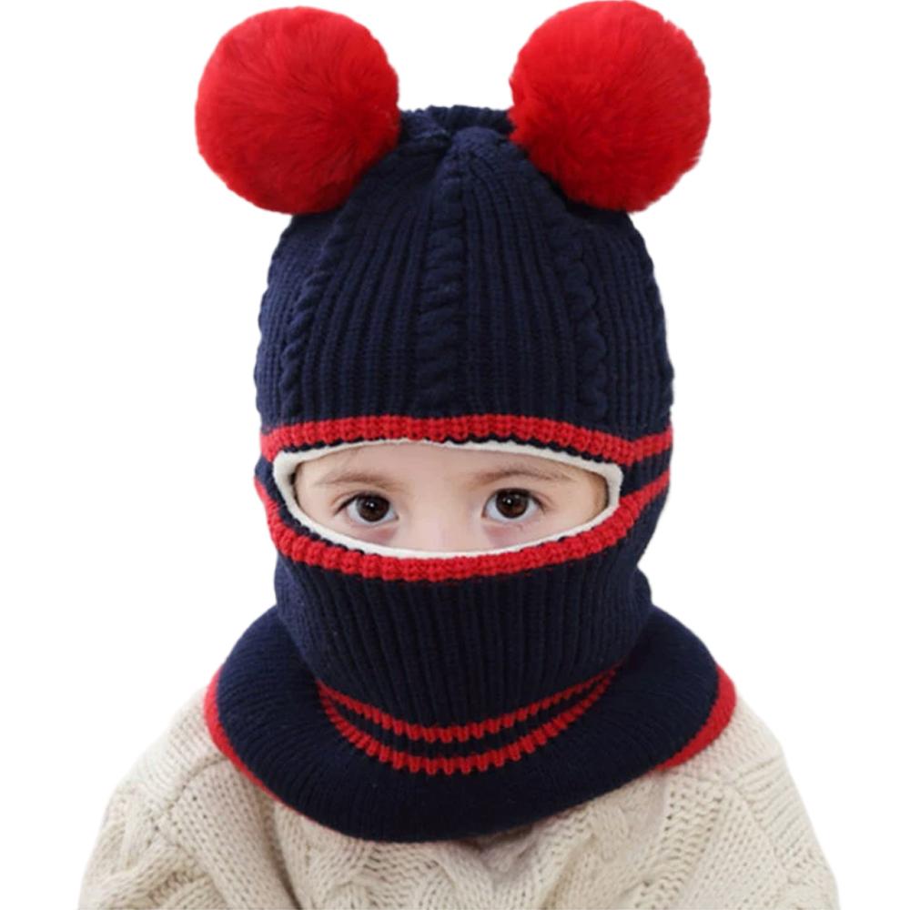 

Baby Warm Knitted Pullover Hat with Pompoms Boys Girls Thermal Ear Flaps Cute Cap Unisex Children Hood Winter Accessories One size синій