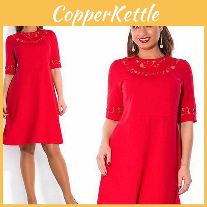 Women Round Collar Plus Size Pure Color Dress With Comfortable Cotton Blend Fabric