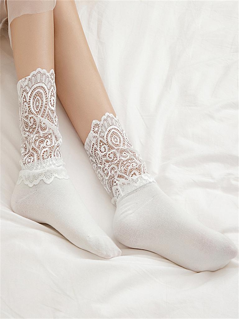 Sexy Lace Floral Mesh Socks Women Black Transparent Short Cotton Sock For Ladies Elastic Retro Cute Socks Female New