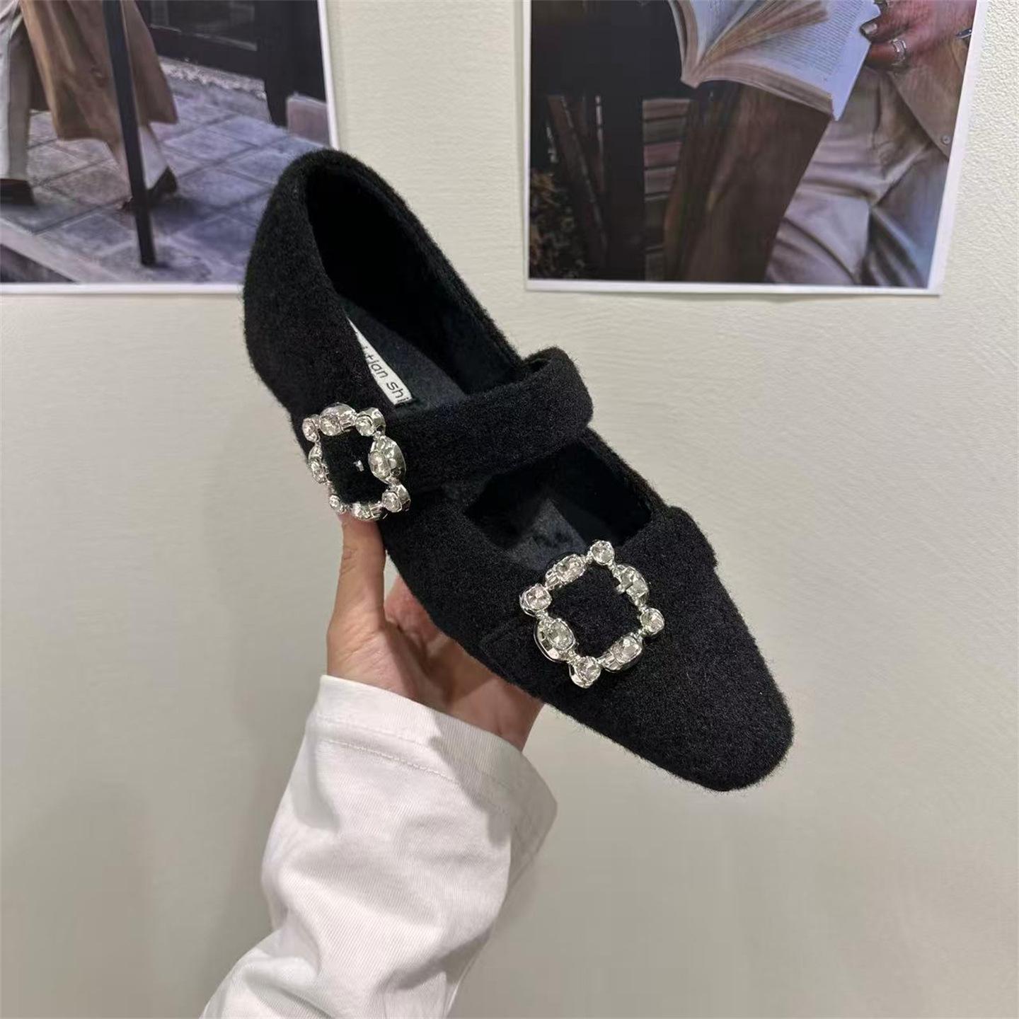 

Inner Heightening Square Head Rhinestone Single Shoes Women S Shoes Winter Plush Gray Fluffy Shoes Mary Jane Evening Shoes 35