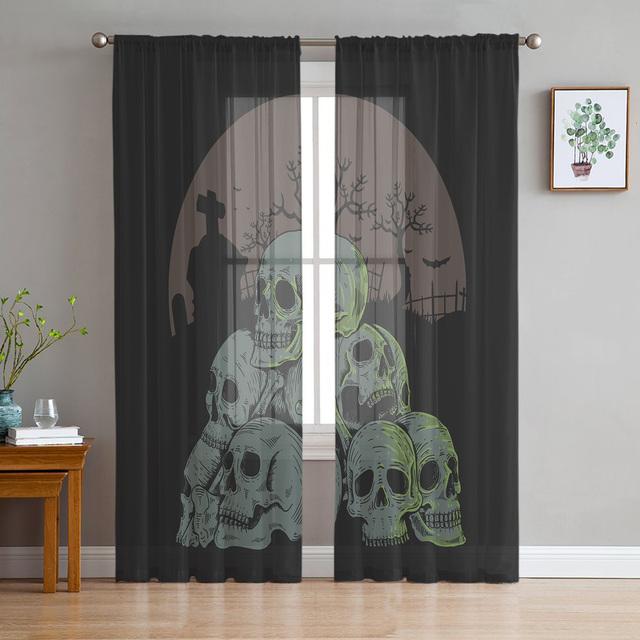 Halloween Lebka Hlava Horor Tylové Závěsy Do obývacího pokoje Ložnice Dekorace Průhledný šifon Průsvitný voál Okenní závěs