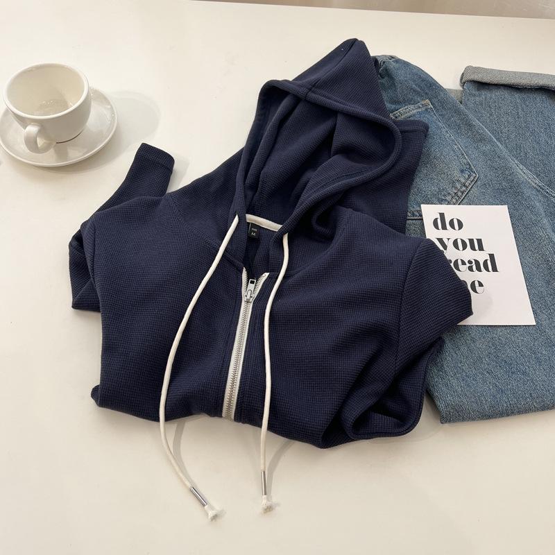 

Кардиган в корейском стиле облегающего кроя с капюшоном и вафельной вязкой для женщин - Весенний топ на молнии L (Recommended for 90-105 jin) синий