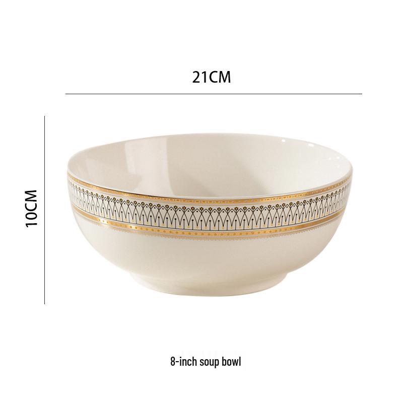 European Style Gold Rim Ceramic Dinnerware Set - Includes Large Bowls, Soup Bowls, Plates, and Rice Bowls for New Year Celebrations.