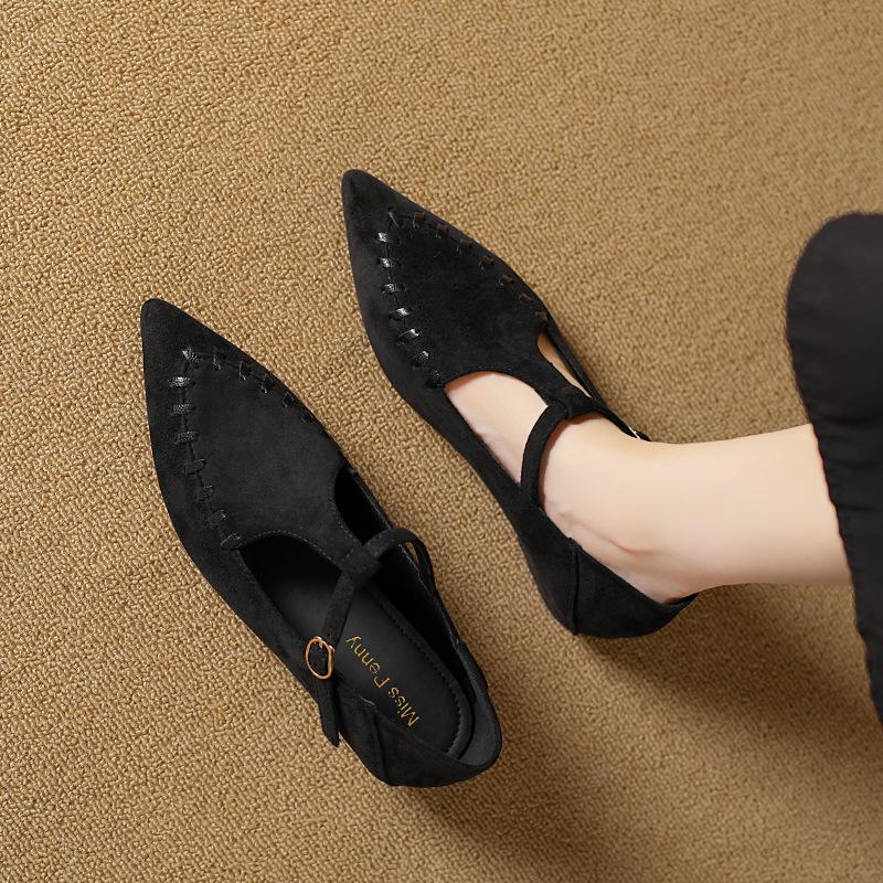 Retro suede light mouth Mary Jane shoes one-word buckle single shoes lazy shoes soft sole pointed