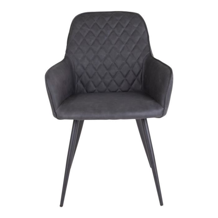 Chaise de salle à manger - Harbo - Cuir synthétique gris foncé - Pieds en métal noir - Accoudoirs inclus